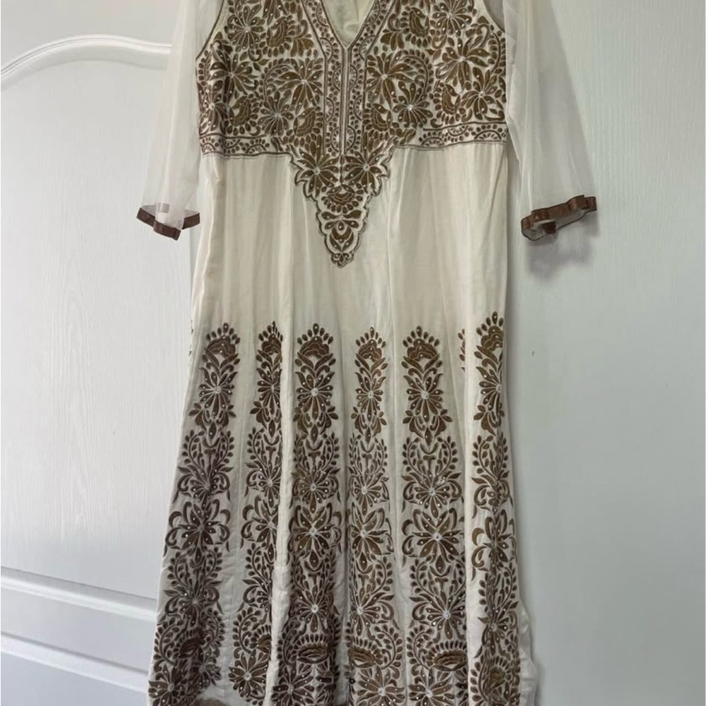 Elegant White and Brown Embroidered Dress